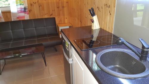 a kitchen with a sink and a counter top at Domki Letniskowe Kobyłocha in Kobyłocha