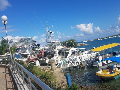 a group of boats docked at a dock with a cruise ship at ROSI Ocean Sand Hotel Apt (@Sandcastles) in Ocho Rios