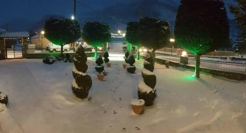 a park covered in snow with trees and lights at Krystal Hotel in Krystallopigí