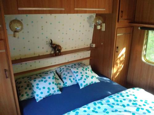 ein Bett mit blauen Kissen und eine Katze an der Wand in der Unterkunft Sykovec Karavan Sýkorka in Nové Město na Moravě