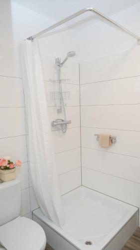 ein weißes Bad mit einer Dusche und einem WC in der Unterkunft Apartment 900m to exhibition in Düsseldorf
