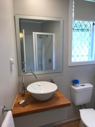 a bathroom with a sink and a toilet and a mirror at Bridgehouse Lodge in Warkworth