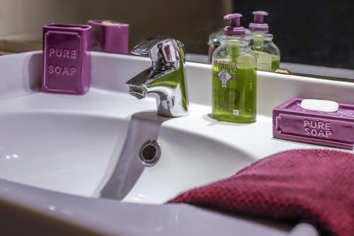 a sink with a faucet and two bottles of soap at Maison du Coué Pyrénées Mourtis Gîte pour 2 à 12 pers in Sengouagnet