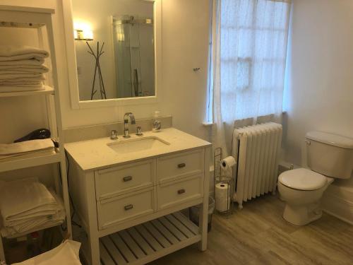 a bathroom with a sink and a toilet and a mirror at The Ambassador in Ottawa