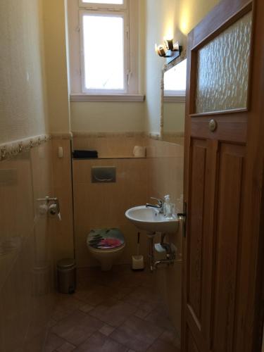 a bathroom with a sink and a toilet and a window at Preiswerte-Zimmer mit Bad-Miniküche, 24-7 Self Check In in Dresden