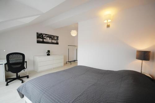 una camera da letto con un letto, una scrivania e una sedia di Apartament z Tarasem Plaza 22 a Rogowo