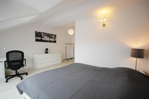 a bedroom with a bed and a desk and a chair at Apartament z Tarasem Plaza 22 in Rogowo