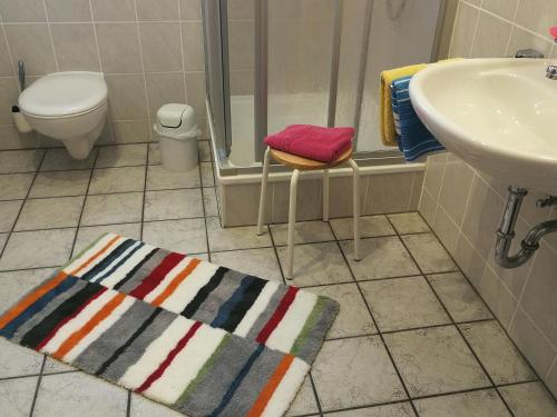 a bathroom with a shower and a sink and a rug at Gästehaus Moni Jäger in Weyher