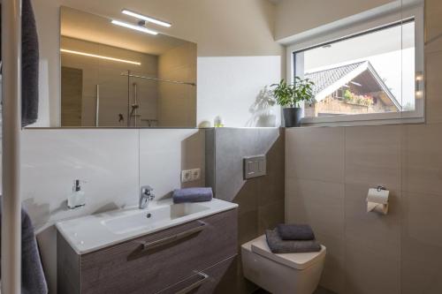 a bathroom with a sink and a toilet and a mirror at Appartement de Jager in Söll