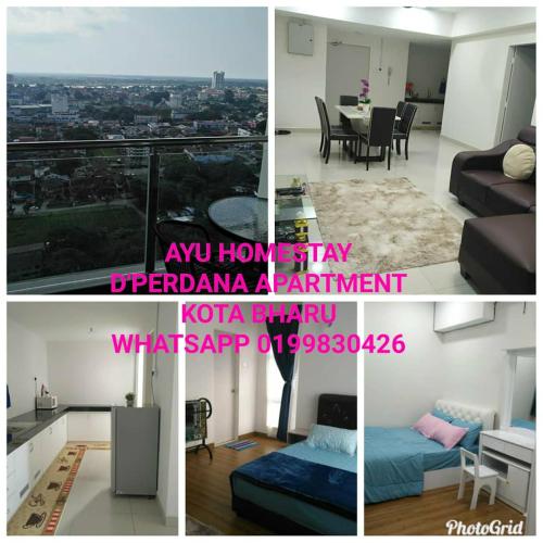 a collage of three pictures of a living room and a apartment at Ayu Homestay DPerdana Apartment in Kota Bharu