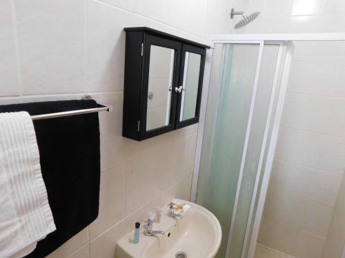 a bathroom with a sink and a mirror and a shower at Savannah Guest House in Polokwane