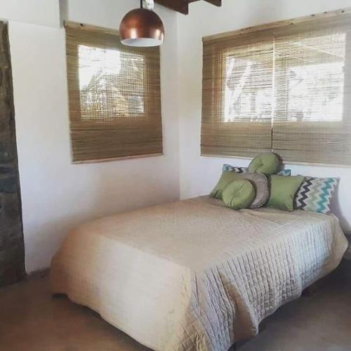 a bedroom with a bed with two pillows and two windows at Altos del Molle SF in San Francisco del Monte de Oro