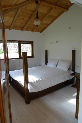 a bedroom with two beds and a wooden ceiling at Borislav's Farmhouse in Ogled
