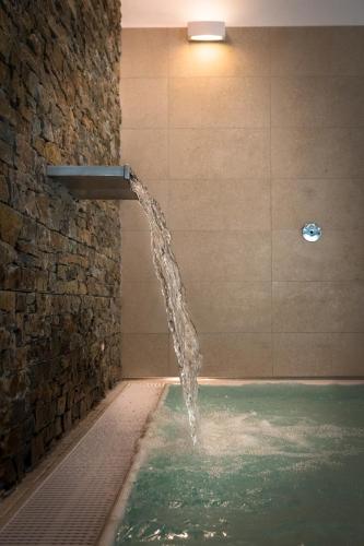 a water fountain in a bathroom with a stone wall at Wellness Hotel Holzberg in Suchá Rudná