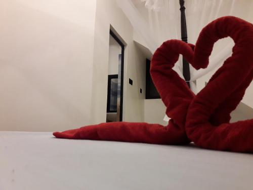 a red stuffed heart sitting on the floor in a room at Bisandu guesthouse in Mirissa