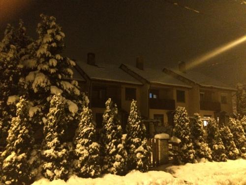 a snow covered christmas tree in front of a house at RT Home Vendégház in Szombathely