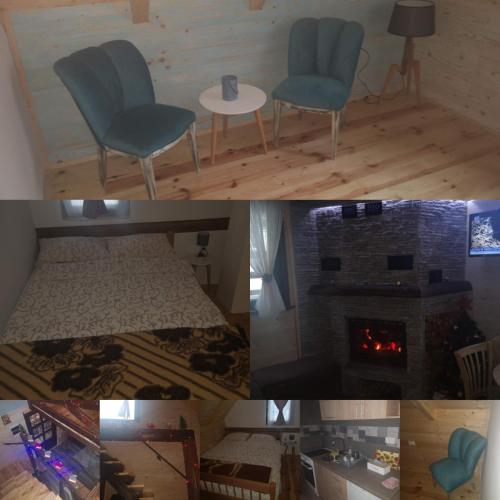 a collage of pictures of a room with a chair and a fireplace at Brvnare Krstigora in Zaovine