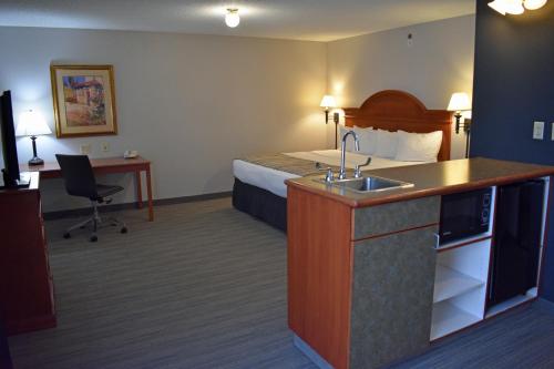 Habitación de hotel con cama y lavabo en Country Inn & Suites by Radisson, Northwood, IA, en Northwood