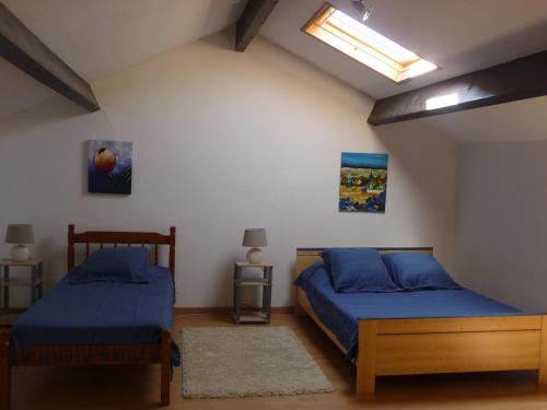 une chambre avec deux lits dans un grenier dans l'établissement Les Tuileries, à Ponteyraud