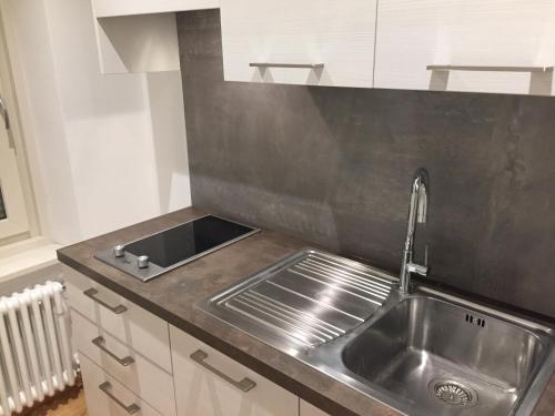 a kitchen with a sink and a stainless steel counter top at Hotel du Lac Parc & Residence in Lavarone