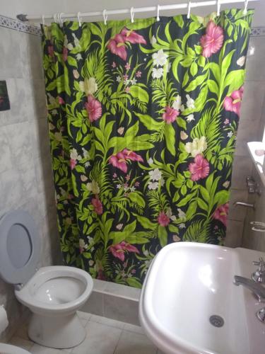 y baño con cortina de ducha, aseo y lavamanos. en Departamento Flores del mar en San Clemente del Tuyú