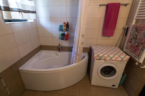 La salle de bains est pourvue d'une baignoire et d'un lave-linge. dans l'établissement Big family house in Mesochoria village, à Mesokhória