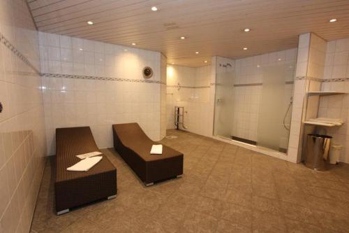 a large room with two benches and a shower at Studio Top im des Alpes in Flims