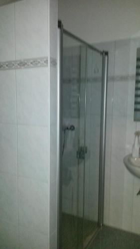 eine Glasdusche im Bad mit Waschbecken in der Unterkunft Ferienwohnung Klaus in Oberhausen