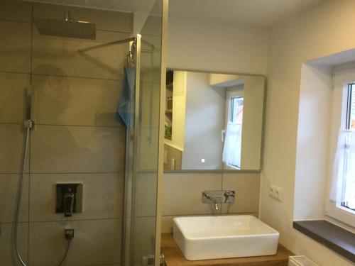 a bathroom with a shower and a sink and a mirror at Bergmomente Neuschwanstein in Schwangau