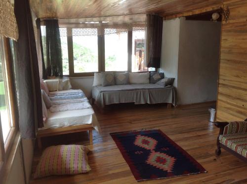 ein Wohnzimmer mit einem Bett und einem Sofa in der Unterkunft ŞATO Köyevi-Selendi in Selendi