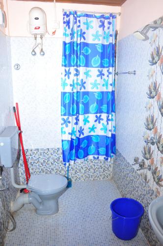 a bathroom with a blue shower curtain and a toilet at Edasseriathu Homestays Tiruvalla in Tiruvalla
