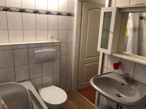 a small bathroom with a sink and a toilet at Waldhaus Sellin in Ostseebad Sellin