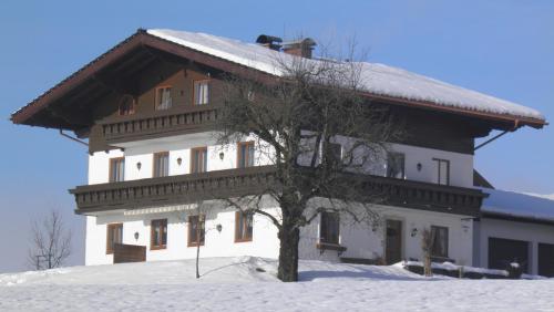 a large building with a tree in the snow at Vorderwimmhof in Abtenau