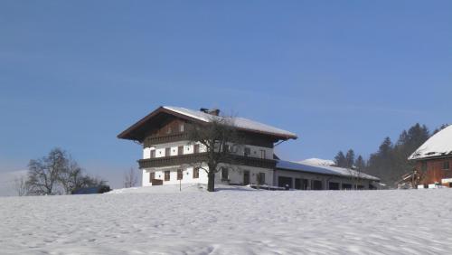 a building with a tree in the snow at Vorderwimmhof in Abtenau