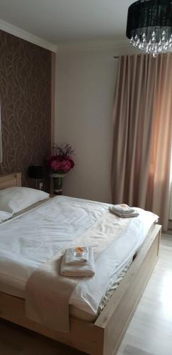 a bedroom with a large bed with a tray on it at Ubytování Cukrovar in Lovosice