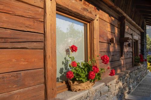 a window with red flowers on the side of a building at Casa Vacanze Petit Haury - Alloggi ad uso turistico vda Arvier n 0039 e n 0040 - in Arvier