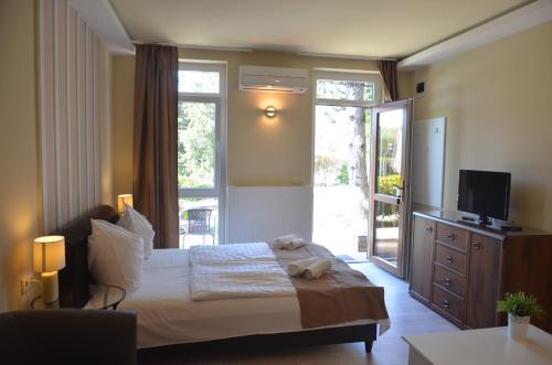 ティハニにあるAdler Hotel & Wellnessのベッドルーム1室(ベッド1台、テレビ付)、ガラスのスライドドアが備わります。