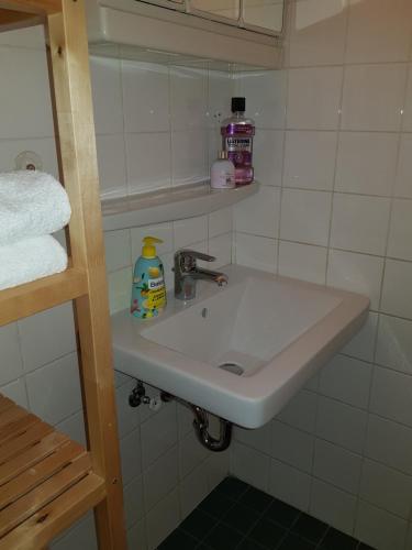 ein weißes Waschbecken im Badezimmer mit Regal in der Unterkunft Apartment mit Blick auf das Eversten Holz 42qm in Oldenburg