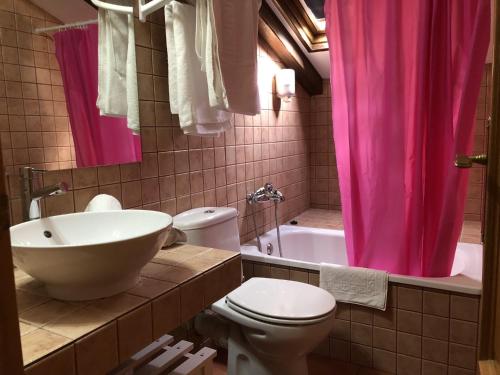 baño con cortina de ducha rosa y aseo en Hotel Apartamentos Barrau, en Villanova