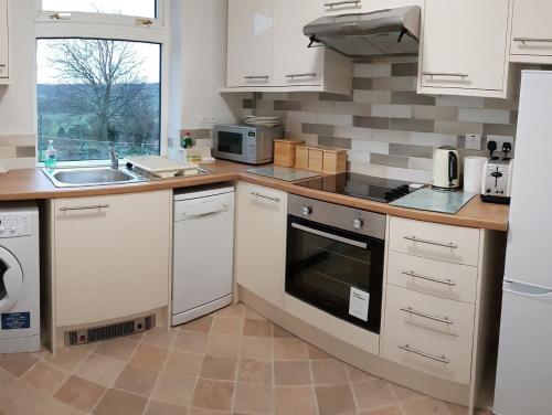 uma cozinha com um lavatório e um fogão forno superior em Woodpeckers Cottage em Scarborough