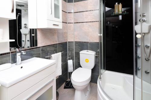 a bathroom with a toilet and a sink and a shower at Apartment Sea View in Kotor