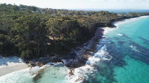 an aerial view of a beach and the ocean at Ocean View Villas in Vincentia