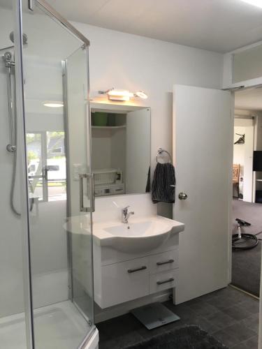 a bathroom with a sink and a shower at Smart Apartment in Dinsdale