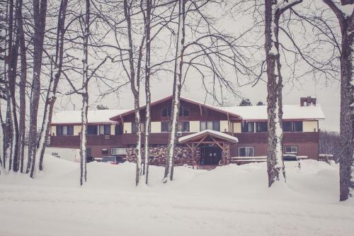 a house in the snow in front of trees at North Ironwood Acres - Black River Lodge in Ironwood