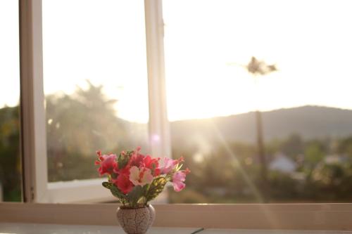 a vase filled with flowers sitting on a window sill at Purple Place Homestay Phu Quoc in Phu Quoc