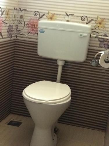 a white toilet in a bathroom with flowers on the wall at All Seasons Guest House in Vasco Da Gama