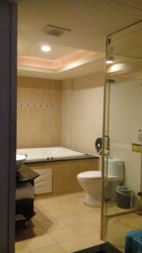 a bathroom with a bath tub and a toilet at 亞歷山大汽車旅館 in Kaohsiung
