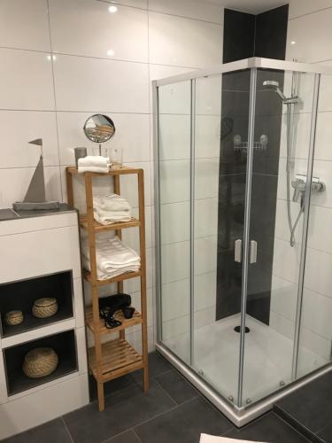 a bathroom with a shower with a glass door at Ferienwohnung Lauer in Ellerstadt