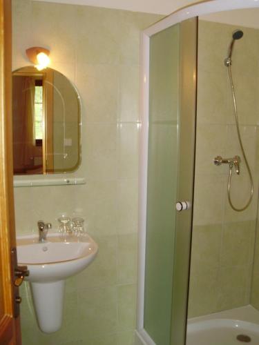 a bathroom with a sink and a shower at Penzion Sunski in Harrachov