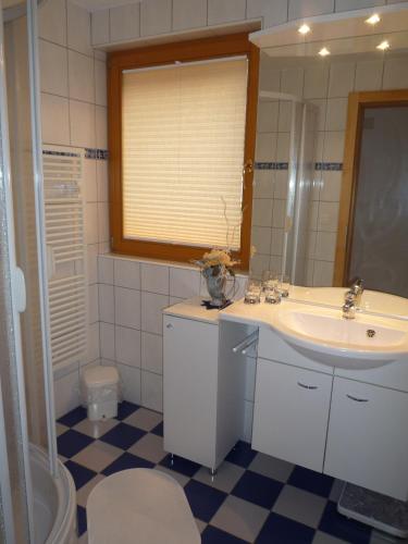 a bathroom with a sink and a mirror at Apartment MEZPRA in Samnaun